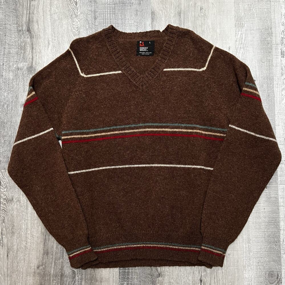 VTG Robert Bruce Shetland Wool Brown Knit Multicolor Striped V-Neck Sweater Sz L